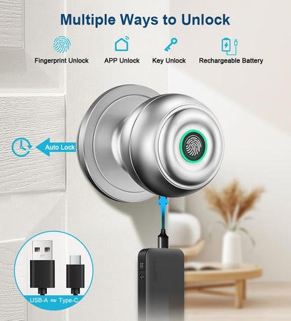 Fingerprint Door Lock, Smart Fingerprint Door Knob with Lock, Biometric Door Locks with App Control & Key, Keyless Thumbprint Entry Door Locks for Bedroom, Front Door, Home, Apartment-Silver