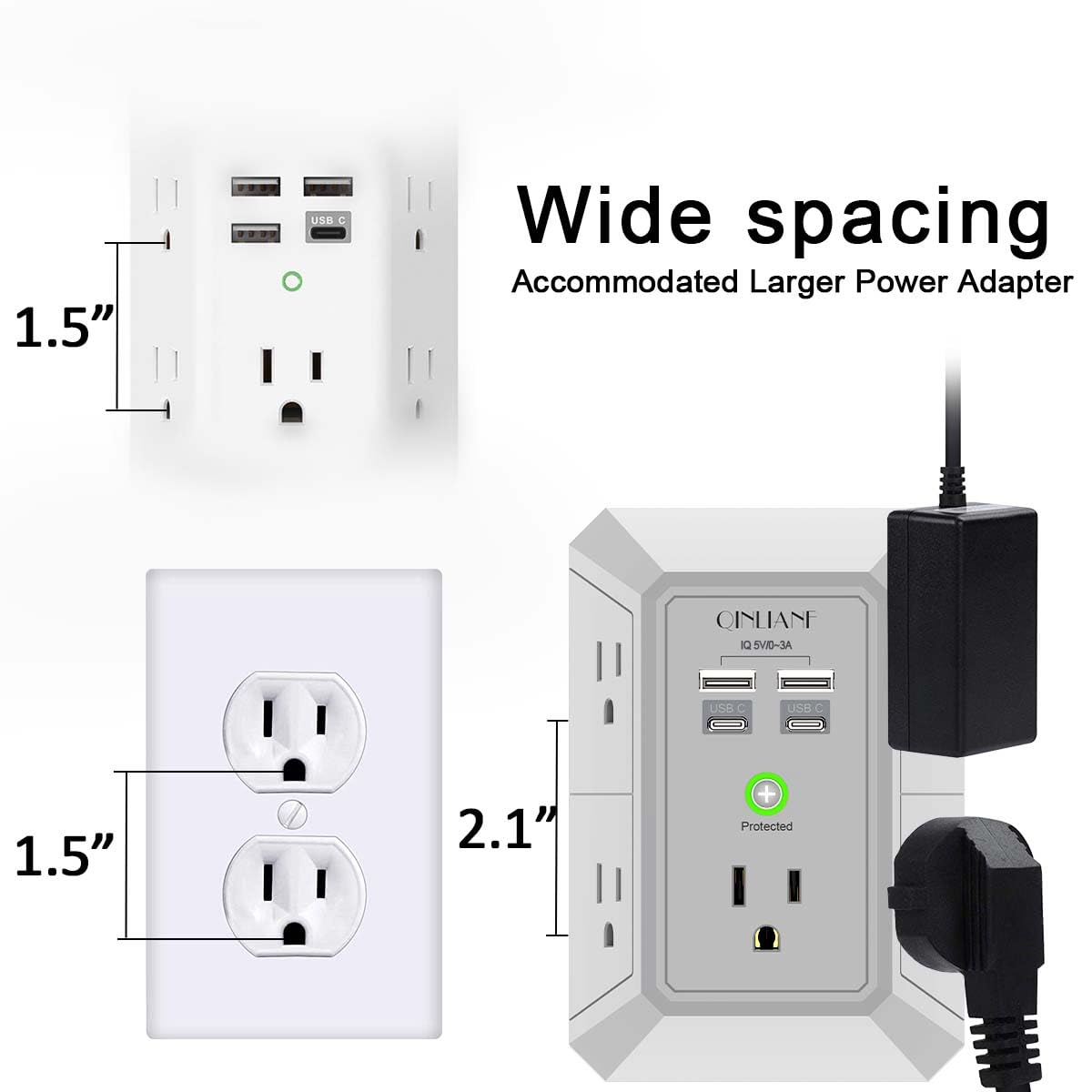 Wall Charger, Surge Protector, QINLIANF 5 Outlet Extender with 4 USB Charging Ports, 3-Sided 1680J Power Strip Multi Plug Adapter Spaced for Home Travel Office