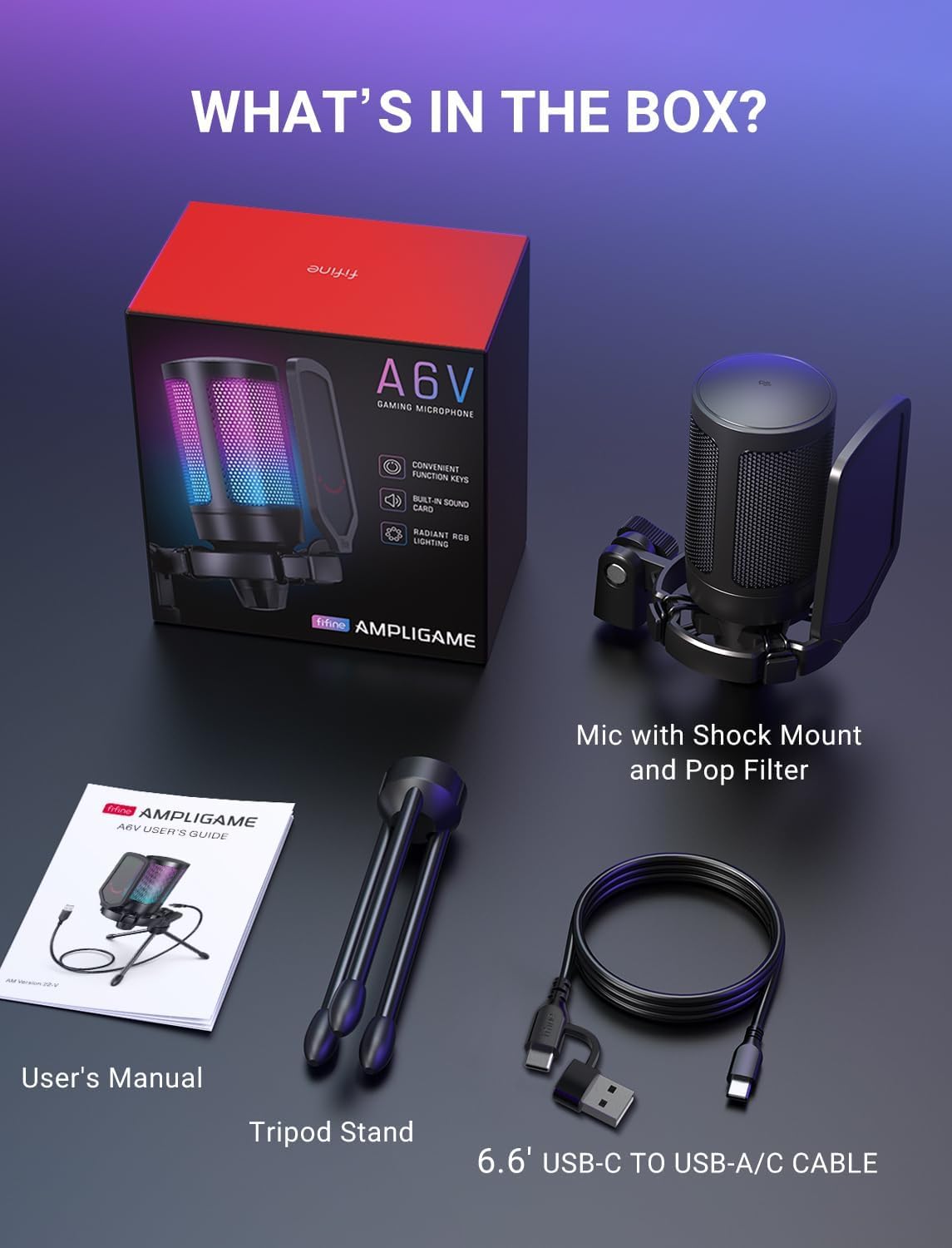 FIFINE AmpliGame A6V USB Gaming Microphone, Condenser RGB Mic for Streaming