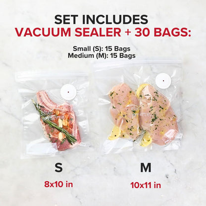 Chef Preserve Compact Vacuum Sealer for Food (Vacuum Sealer Machine + 30 Reusable Vacuum Bags) Powerful Handheld Vacuum Sealer Machine, Seal Meal Saver, Portable Food Sealer