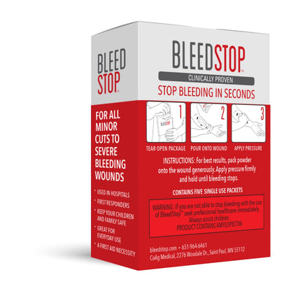 BleedStop™ First Aid Powder for Blood Clotting, Trauma Kit, Blood Thinner Patients, Camping Safety, and Survival Equipment for Moderate to Severe Bleeding Wounds or Nosebleeds - 4 (15g) Pouches