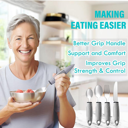 Adaptive Utensils 4pcs For Hand Tremors,Elderly, Arthritis,Parkinsons-Built Up Utensils For Adults 2.5oz Each, Silverware Set With Handle, Flatware Cutlery Set For Seniors