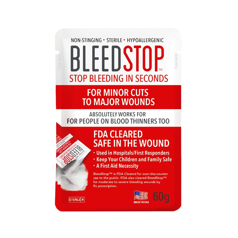 BleedStop™ First Aid Powder for Blood Clotting, Trauma Kit, Blood Thinner Patients, Camping Safety, and Survival Equipment for Moderate to Severe Bleeding Wounds or Nosebleeds - 4 (15g) Pouches