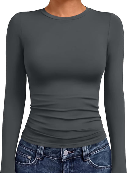 AUTOMET Womens Crew Neck Long Sleeve Shirts Compression Underscrubs Tops