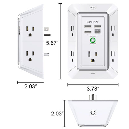 Wall Charger, Surge Protector, QINLIANF 5 Outlet Extender with 4 USB Charging Ports, 3-Sided 1680J Power Strip Multi Plug Adapter Spaced for Home Travel Office