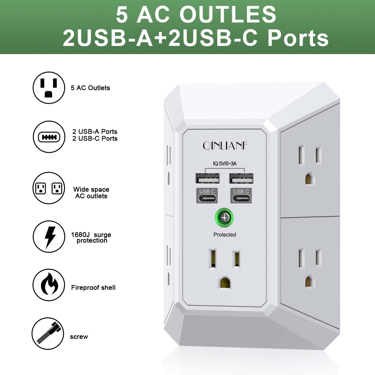 Wall Charger, Surge Protector, QINLIANF 5 Outlet Extender with 4 USB Charging Ports, 3-Sided 1680J Power Strip Multi Plug Adapter Spaced for Home Travel Office
