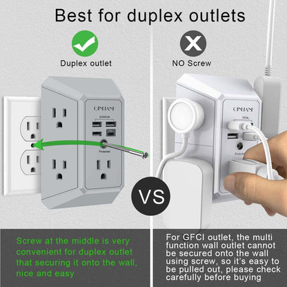Wall Charger, Surge Protector, QINLIANF 5 Outlet Extender with 4 USB Charging Ports, 3-Sided 1680J Power Strip Multi Plug Adapter Spaced for Home Travel Office