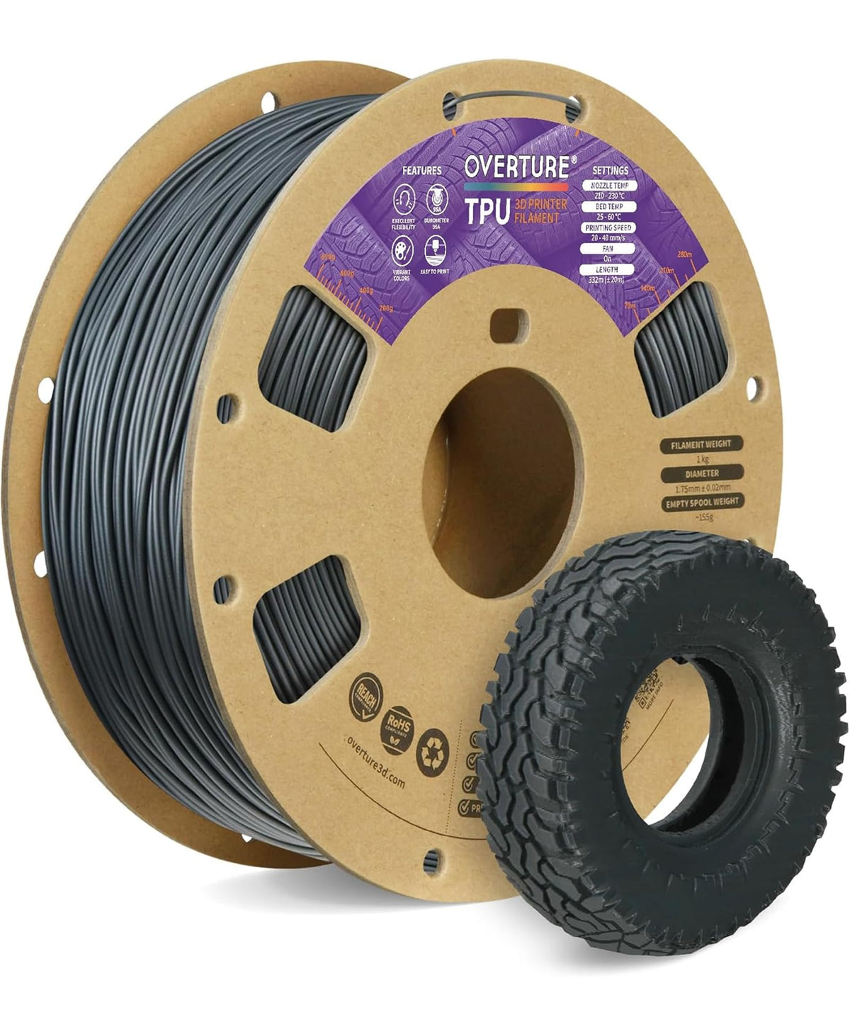 OVERTURE TPU 95A Flexible 3D Printer Filament 1.75mm, 1kg Black