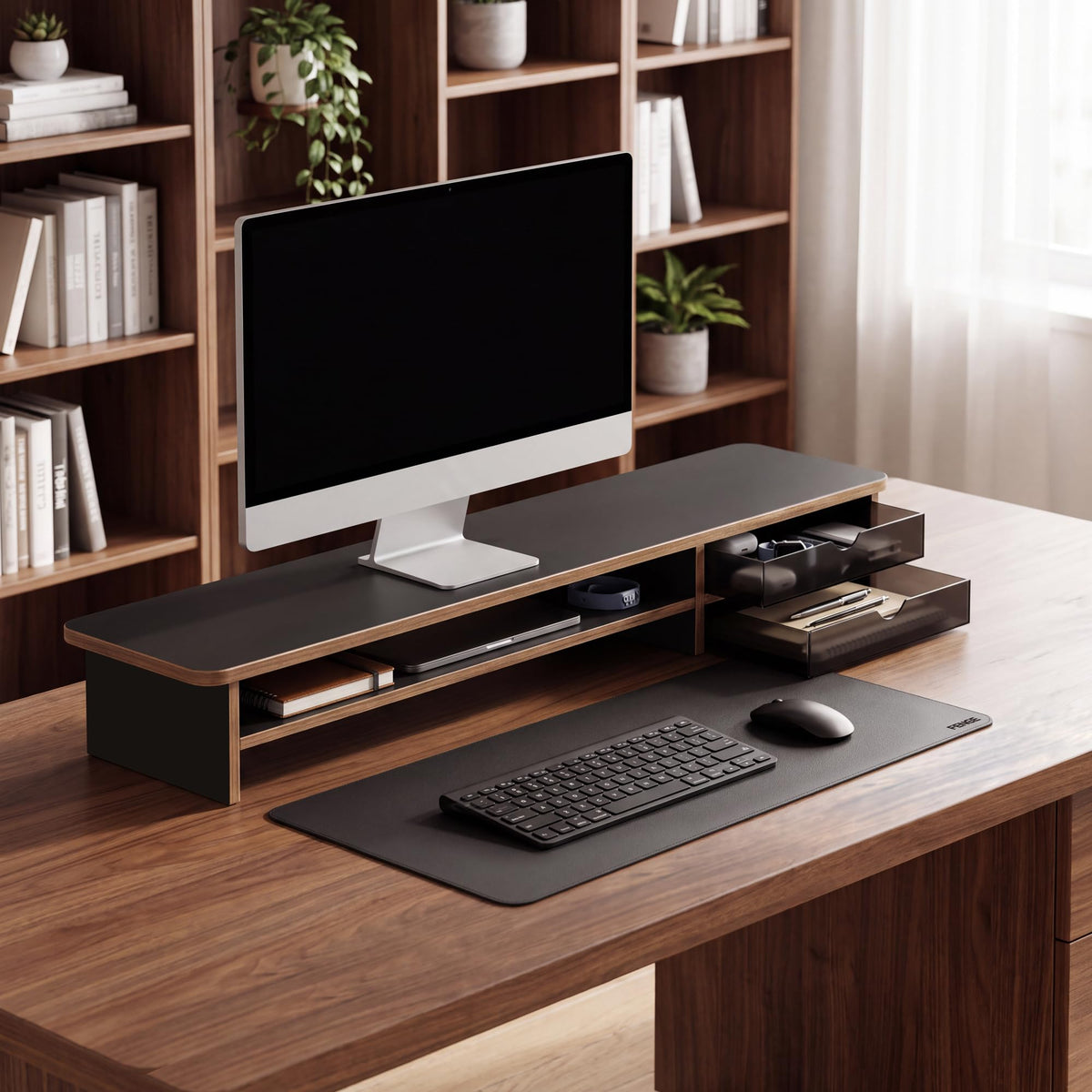 Fenge Monitor Stand, Desk Computer Riser with Frosted Storage Drawer, Oak