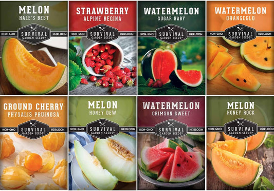 Fruit Seeds for Planting - 8 Variety Pack | Watermelon, Cantaloupe, Melon, Strawberry, Ground Cherry for Home Vegetable Gardens - Non-GMO Heirloom Fruits - Survival Garden Seeds