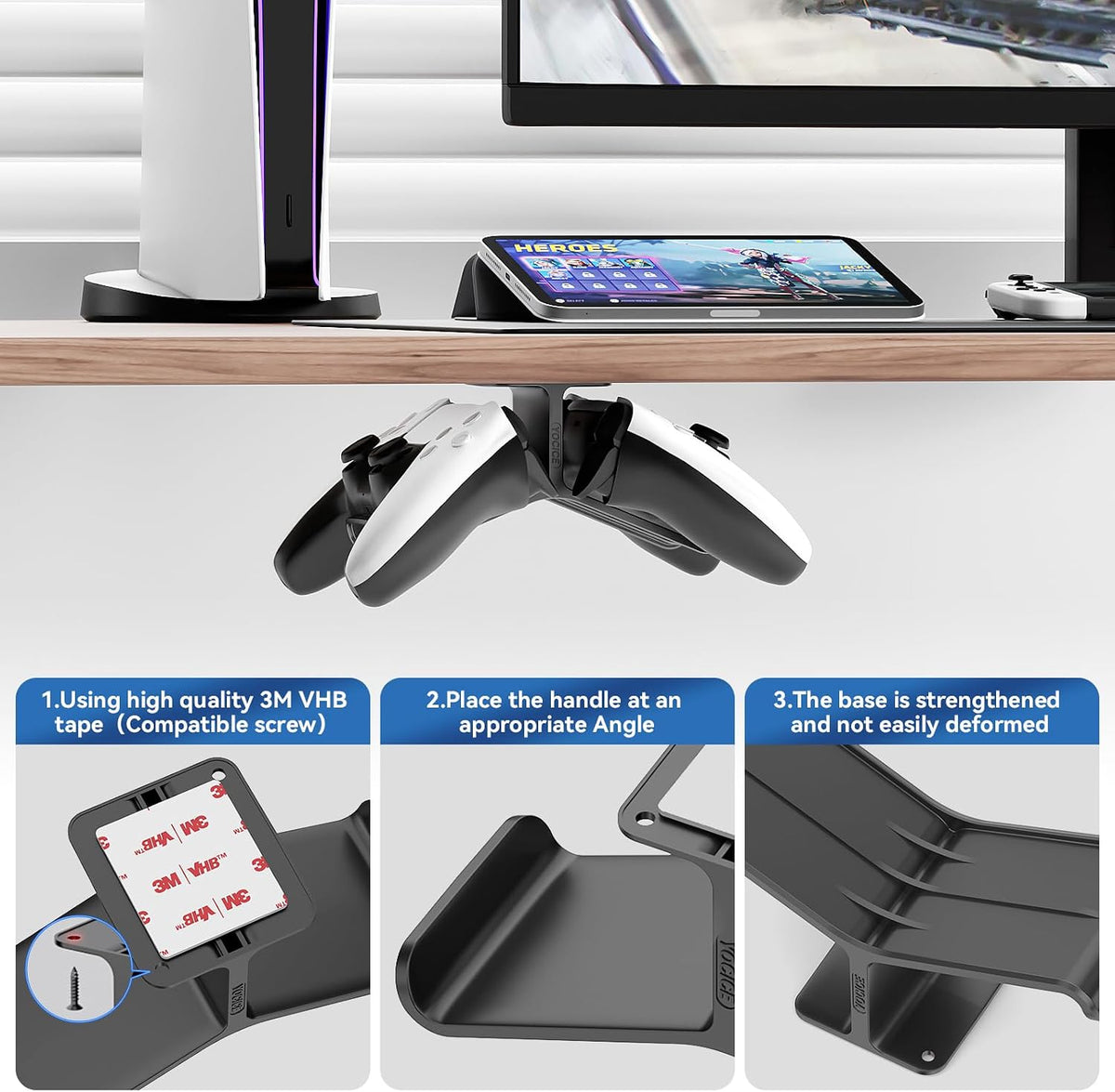 Controller Holder,Headphone Stand Headset and Controller Stand Under Desk Controller Holder with Strong Double Sided Tape Universal Design for Xbox ONE, PS5, PS4, PC