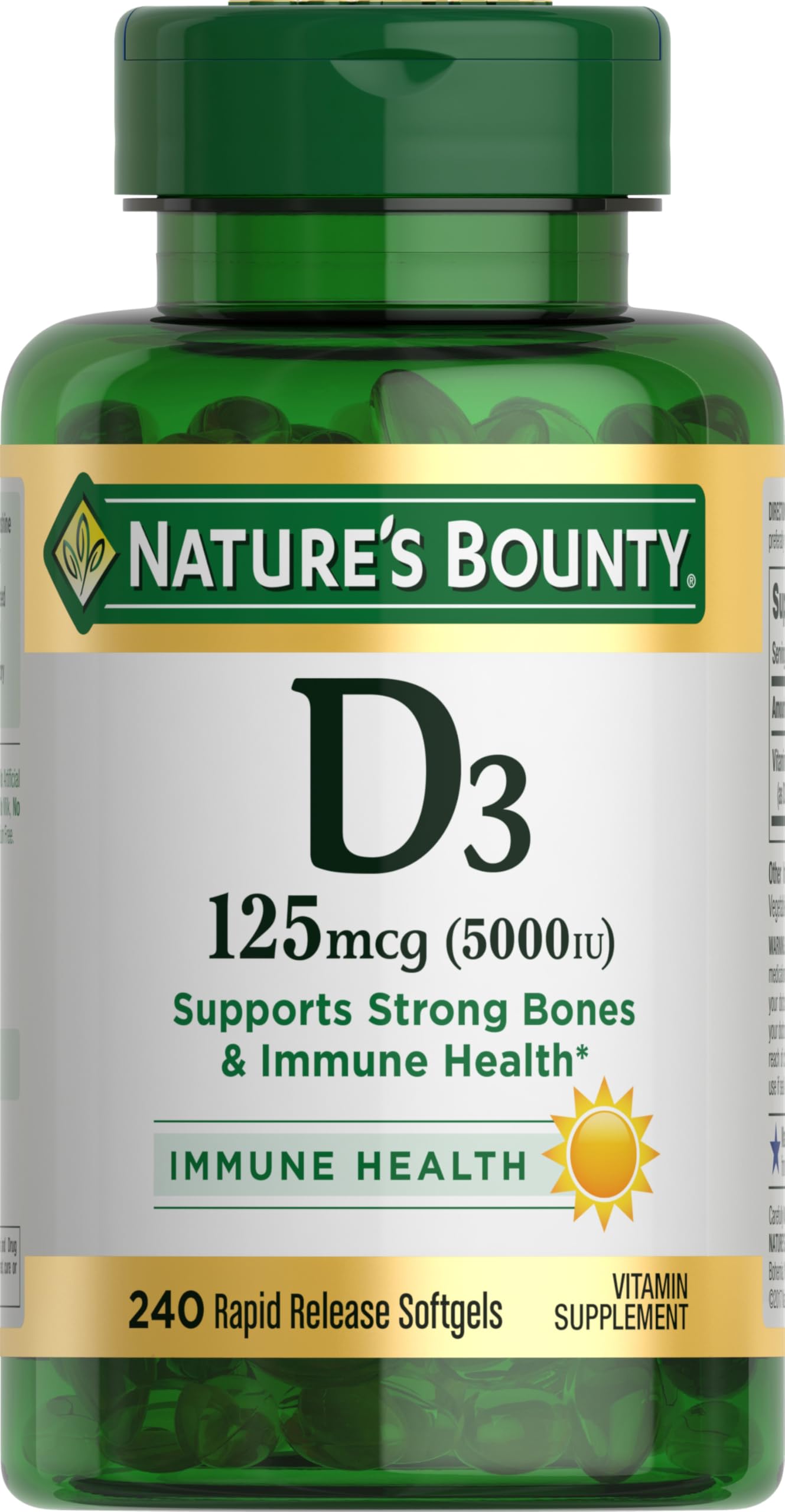 Nature's Bounty Vitamin D3, Immune Support, 125 mcg (5000iu), Rapid Release Softgels, 240 Ct (package may differ)