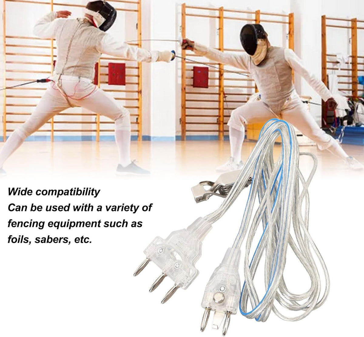 Dioche Fencing Body Cord 3 Pin for Foil Epee Saber, Transparent Stainless Steel Fencing Body Wire with Durable Plastic Connector for Training & Competition