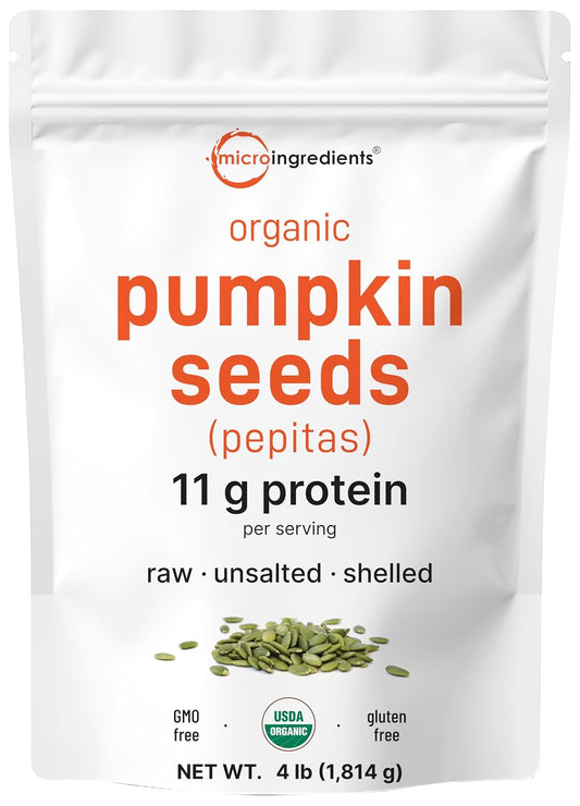 Organic Pumpkin Seeds, 4lbs | Raw, Unsalted, & Shelled – Whole Pepitas | Pumpkin Seeds to Eat | Great for Baking, Smoothies, & Salad Toppings | Natural Source of Essential Fatty Acids, Protein, & Iron