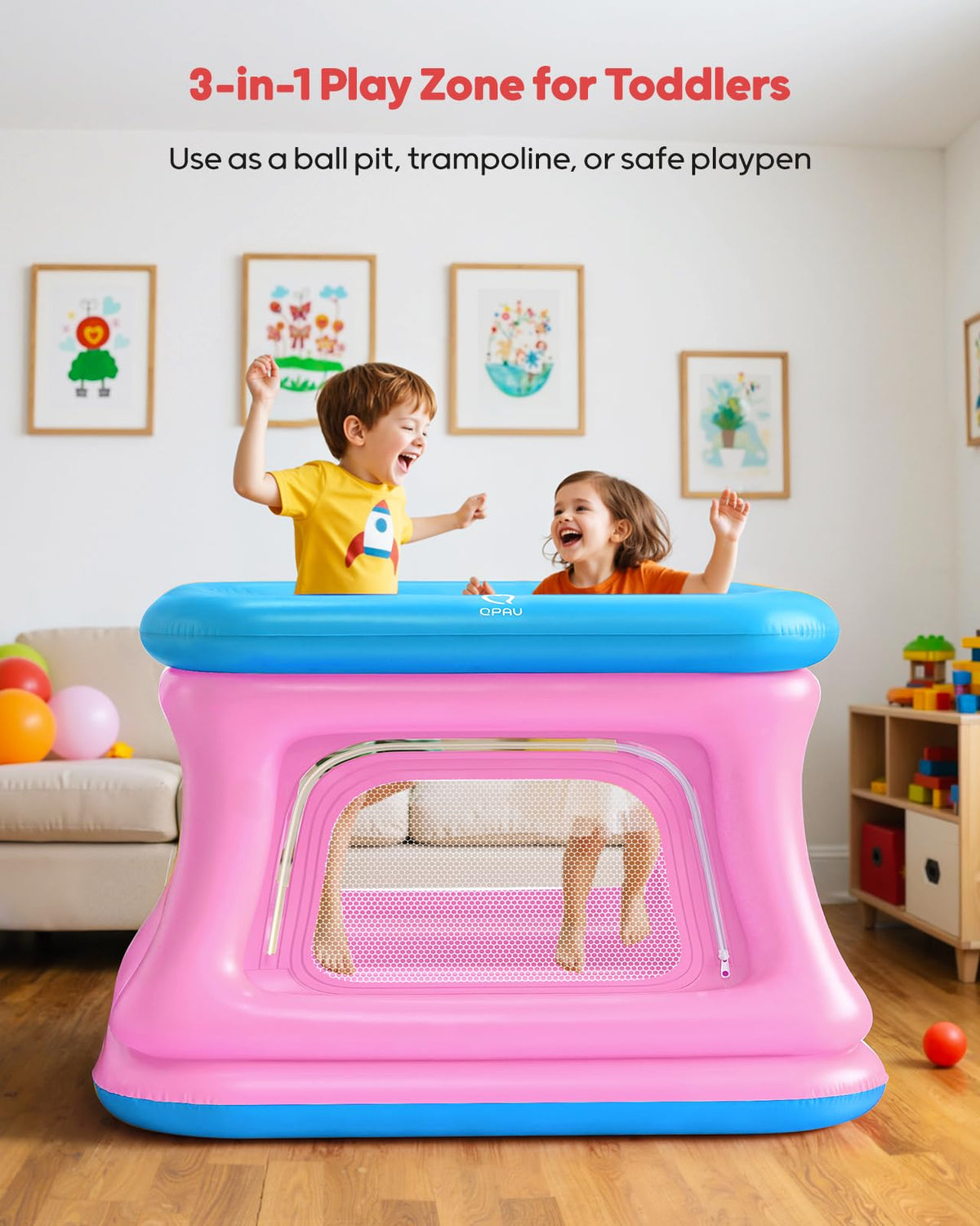 QPAU 3-in-1 Inflatable Bounce House with Pump for Toddlers 1-3