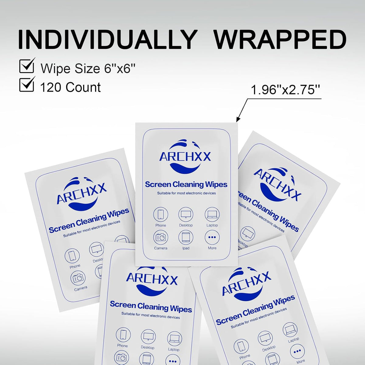 ARCHXX Screen Wipes for Electronics, 120 Count 6"x6" Pre-Moistened Screen Cleaner for Screens, Computer,Laptop,Tablet,Phone,Monitor,Car Screen Cleaner, Lens Wipes Individually Wrapped