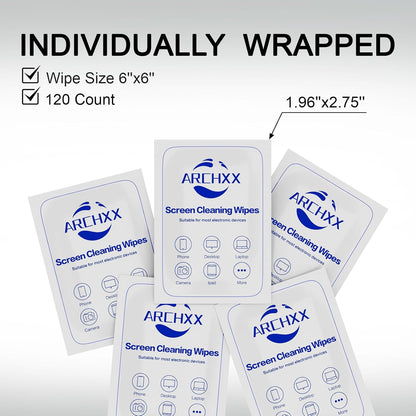 ARCHXX Screen Wipes for Electronics, 120 Count 6"x6" Pre-Moistened Screen Cleaner for Screens, Computer,Laptop,Tablet,Phone,Monitor,Car Screen Cleaner, Lens Wipes Individually Wrapped