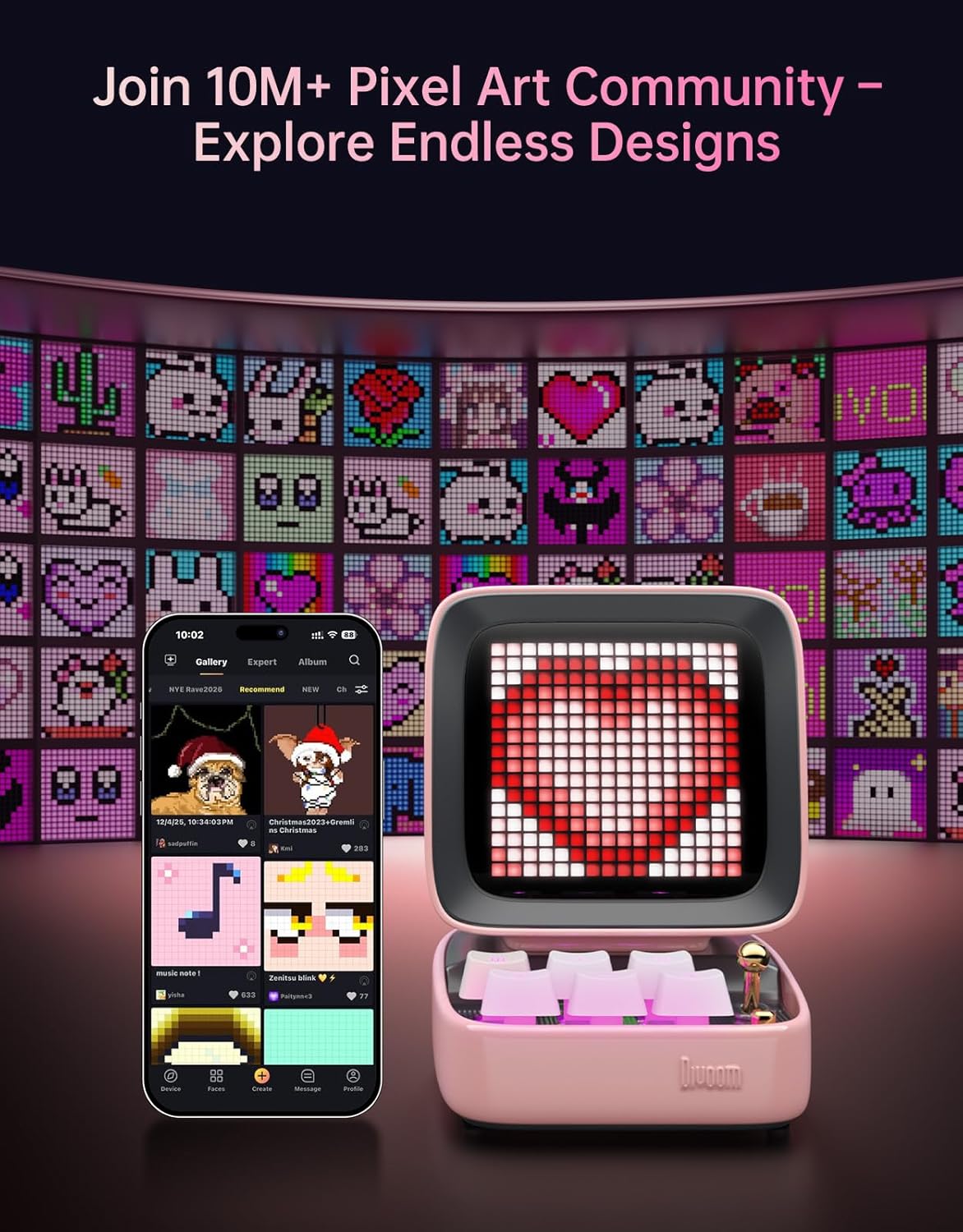 Divoom Ditoo Retro Pixel Art 15W Bluetooth Speaker,Cute Speaker with Alarm,White Noise & Mini Games,Iconic Desk Setup Speaker with 16X16 LED App Controlled Front Screen,Gifts for Anyone (Pink)