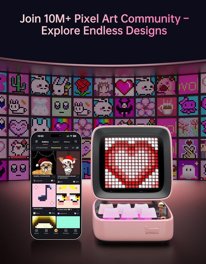 Divoom Ditoo Retro Pixel Art 15W Bluetooth Speaker,Cute Speaker with Alarm,White Noise & Mini Games,Iconic Desk Setup Speaker with 16X16 LED App Controlled Front Screen,Gifts for Anyone (Pink)