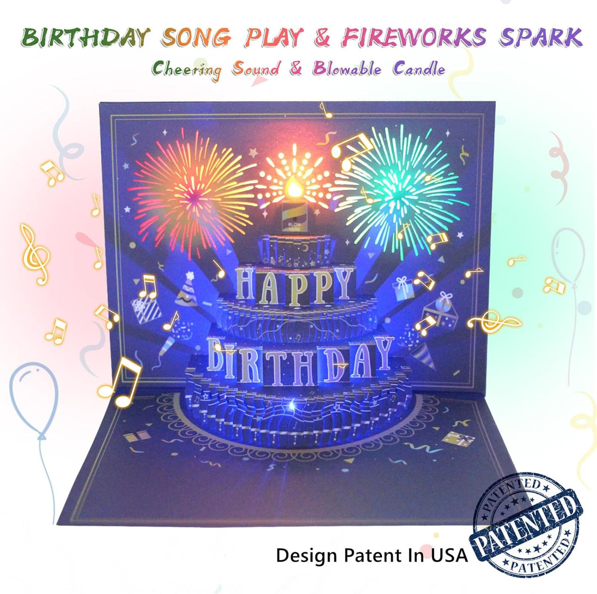MZD8391 Pop Up Birthday Card with Music, Light, Firework For Men Women