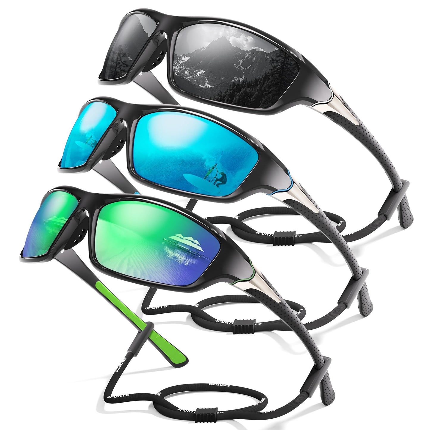 3 Pack Polarized Sports Sunglasses for Men, Mens Sunglasses Wrap Around UV400 Protection for Cycling Fishing Driving