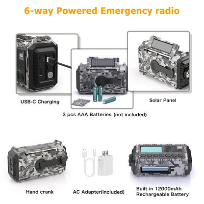 Auto NOAA Emergency Weather Radio, Solar Hand Crank Radio,Portable Battery Operated Emergency Radio with AM FM Shortwave,USB Charger,LED Flashlight,Clock, SOS Alert for Home Outdoors Camping Survival