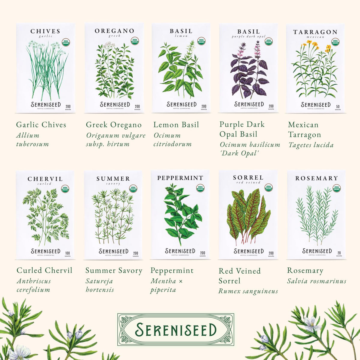 Sereniseed Certified Organic Herb Seeds 10-Pack, Culinary Garden Kit