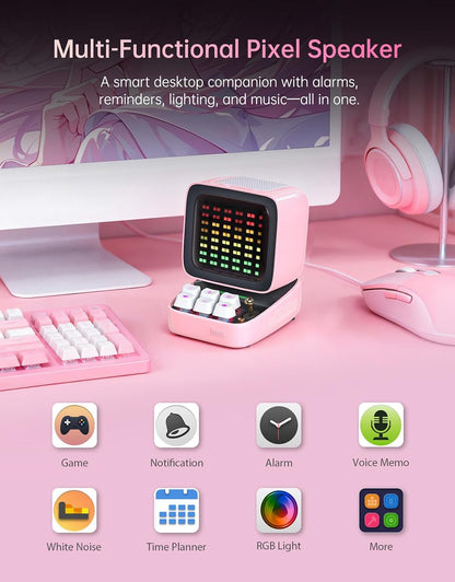 Divoom Ditoo Retro Pixel Art 15W Bluetooth Speaker,Cute Speaker with Alarm,White Noise & Mini Games,Iconic Desk Setup Speaker with 16X16 LED App Controlled Front Screen,Gifts for Anyone (Pink)