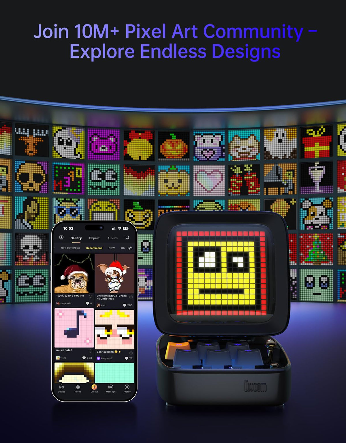 Divoom Ditoo Retro Pixel Art 15W Bluetooth Speaker,Cute Speaker with Alarm,White Noise & Mini Games,Iconic Desk Setup Speaker with 16X16 LED App Controlled Front Screen,Gifts for Anyone (Pink)