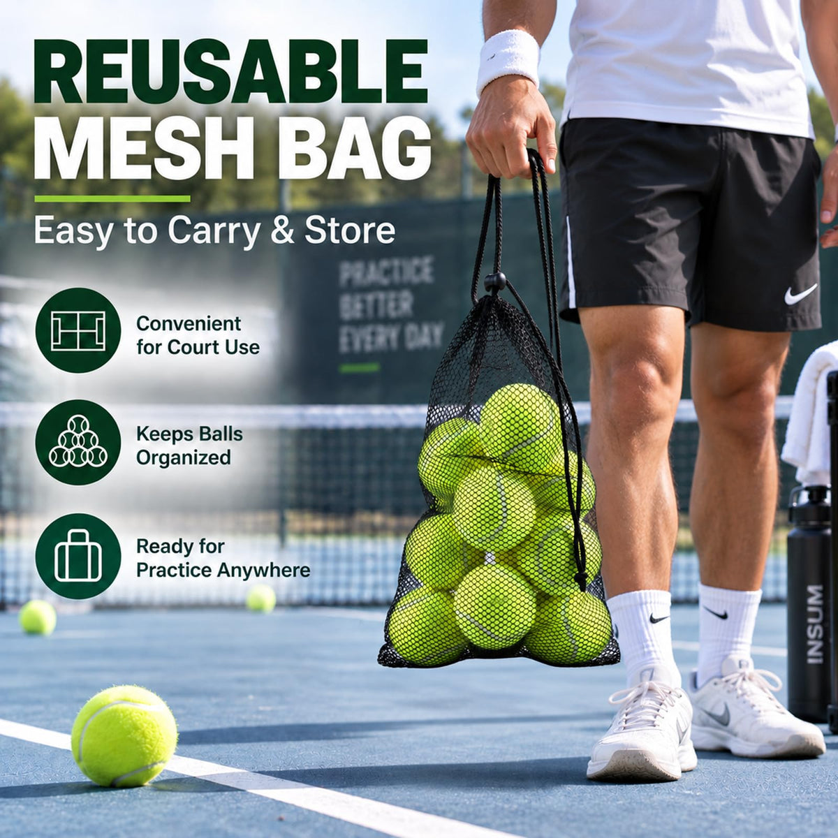 INSUM Tennis Balls, Extra Duty Practice Tennis Balls with Mesh Bag