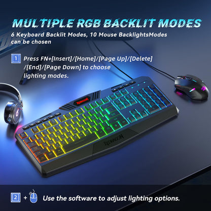 Redragon S101M-KS Gaming Keyboard and Mouse Wireless with Tri-Mode, RGB Keyboard and 4800 DPI Gaming Mouse, 10 Independent Multimedia Keys for Wins, PC, Computer, Wireless S101 Ideal for Gamer