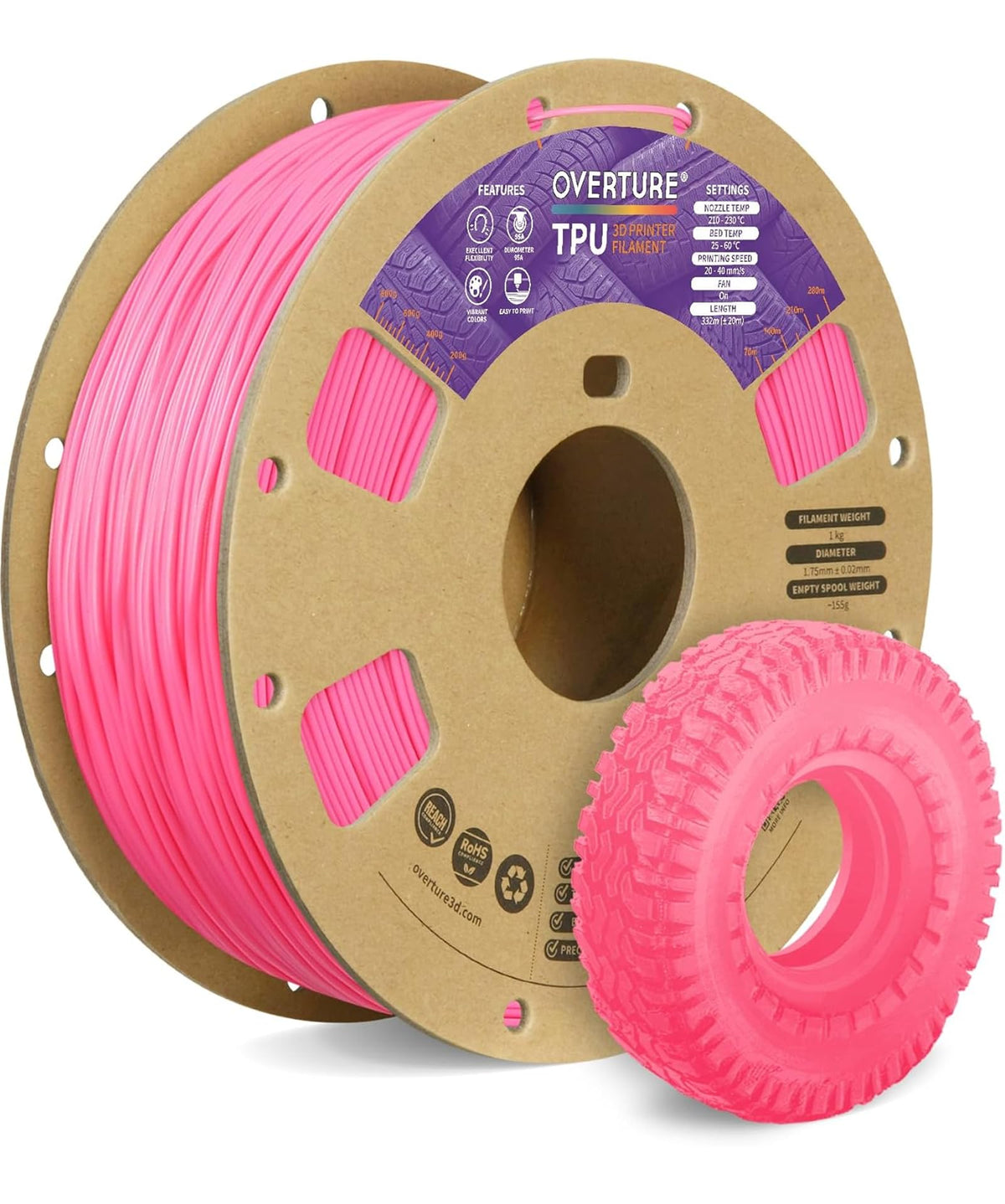 OVERTURE TPU 95A Flexible 3D Printer Filament 1.75mm, 1kg Black