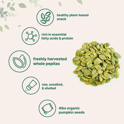 Organic Pumpkin Seeds, 4lbs | Raw, Unsalted, & Shelled – Whole Pepitas | Pumpkin Seeds to Eat | Great for Baking, Smoothies, & Salad Toppings | Natural Source of Essential Fatty Acids, Protein, & Iron
