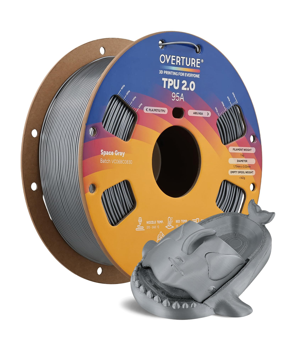 OVERTURE TPU 95A Flexible 3D Printer Filament 1.75mm, 1kg Black