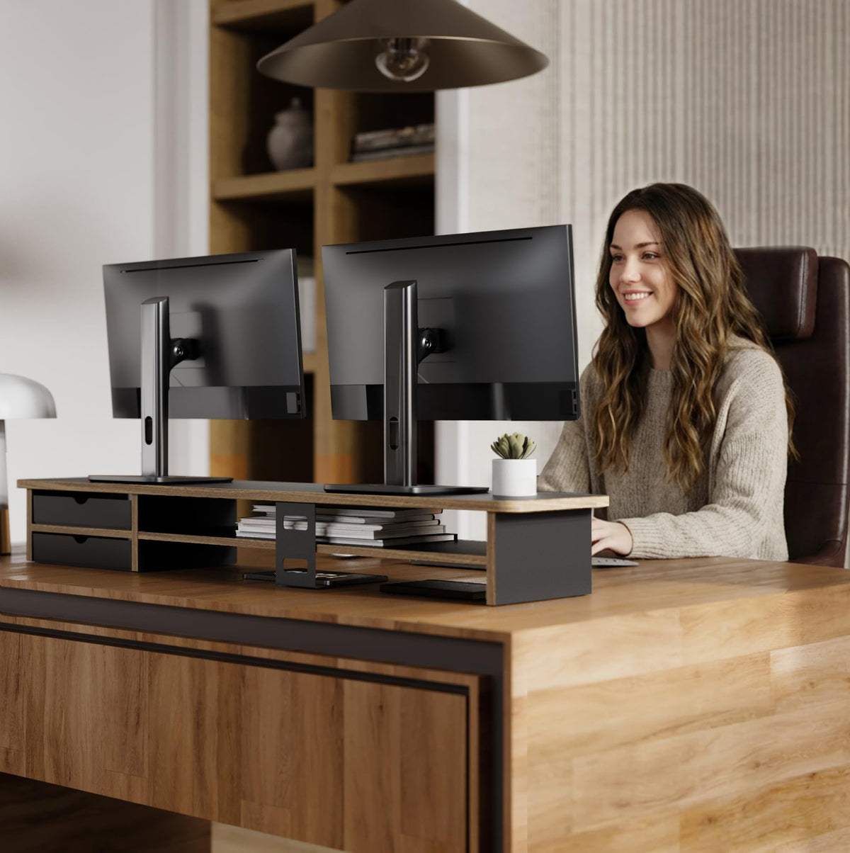 Fenge Monitor Stand, Desk Computer Riser with Frosted Storage Drawer, Oak