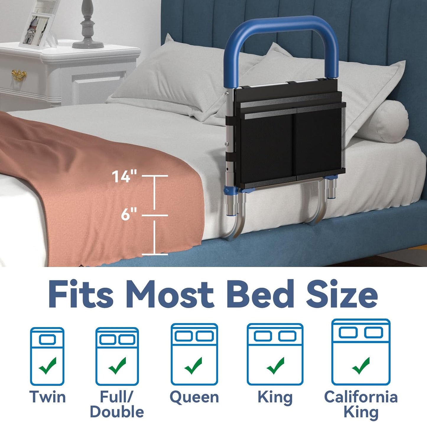 Bed Rails for Elderly Adults Safety, Height Adjustable Bed Assist Rail for Seniors with Storage Organizer and Non-Slip Handle, Bedside Fall Prevent Grab Bar