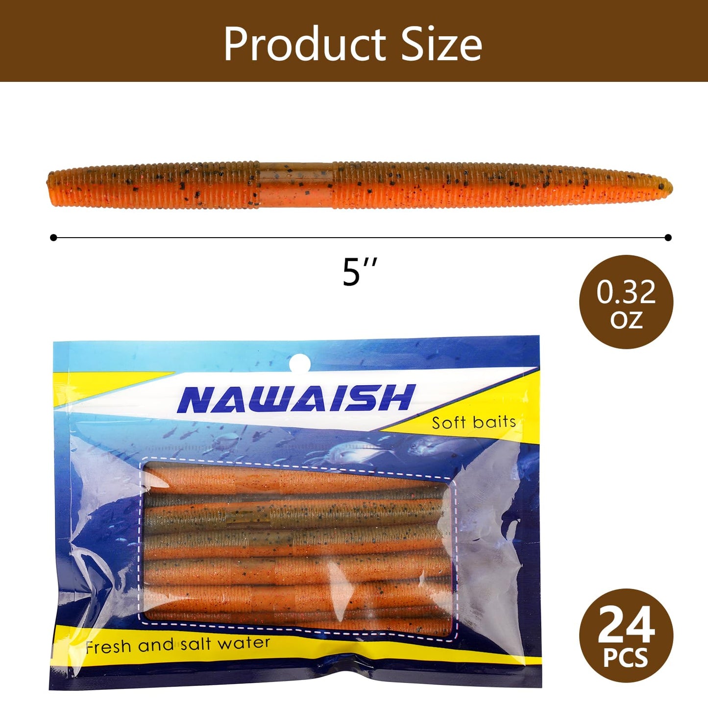 Senko Bait Soft Plastic Lures 5" Senkos 24 Pcs/100pcs for Wacky Rig Freshwater Fishing Green Pumpkin senko with Black Flake Pink Watermelon Double Color