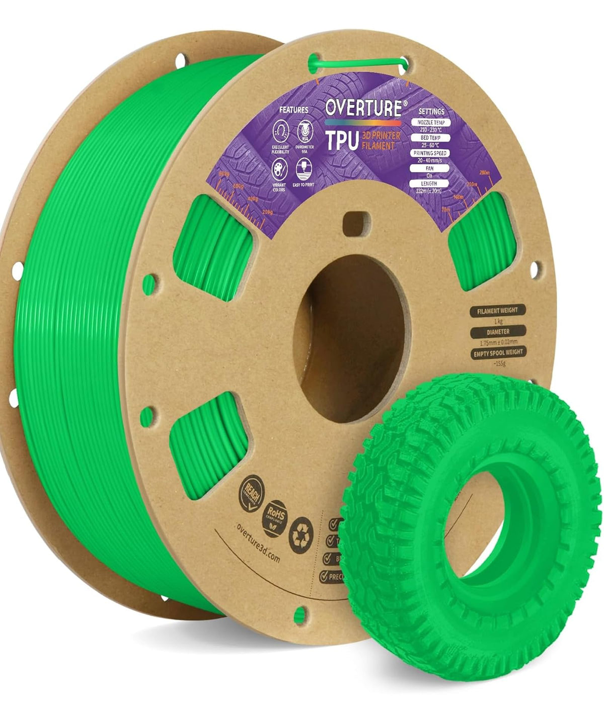 OVERTURE TPU 95A Flexible 3D Printer Filament 1.75mm, 1kg Black