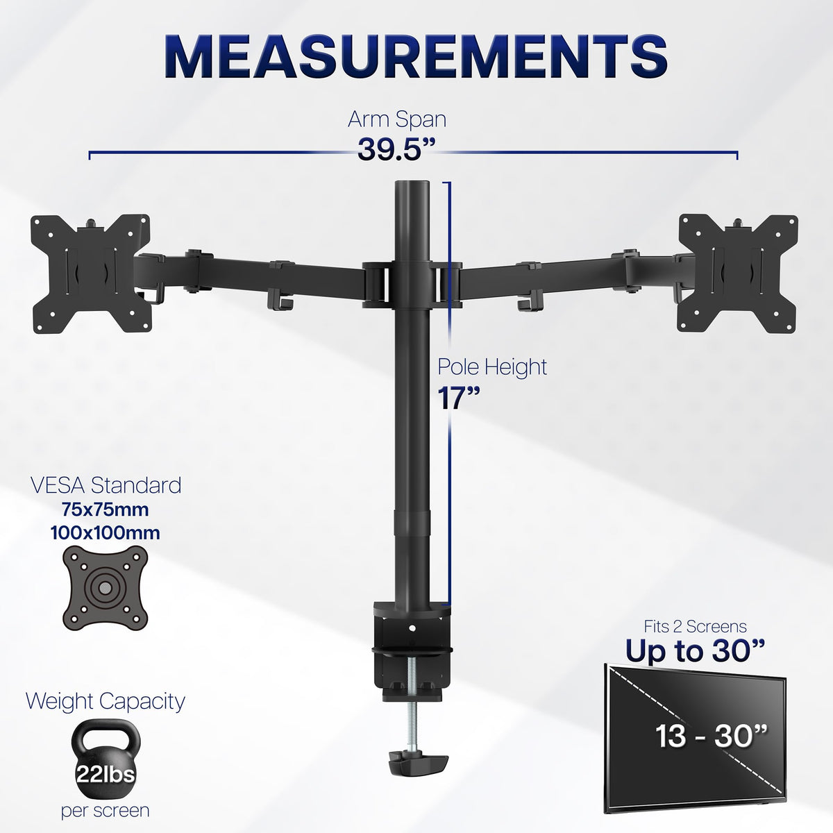 VIVO Dual Monitor Desk Mount, Holds 2 Computer Screens up to 30 inches and 22lbs Each, Heavy Duty Fully Adjustable Steel Stand with C-Clamp and Grommet, Black, STAND-V002