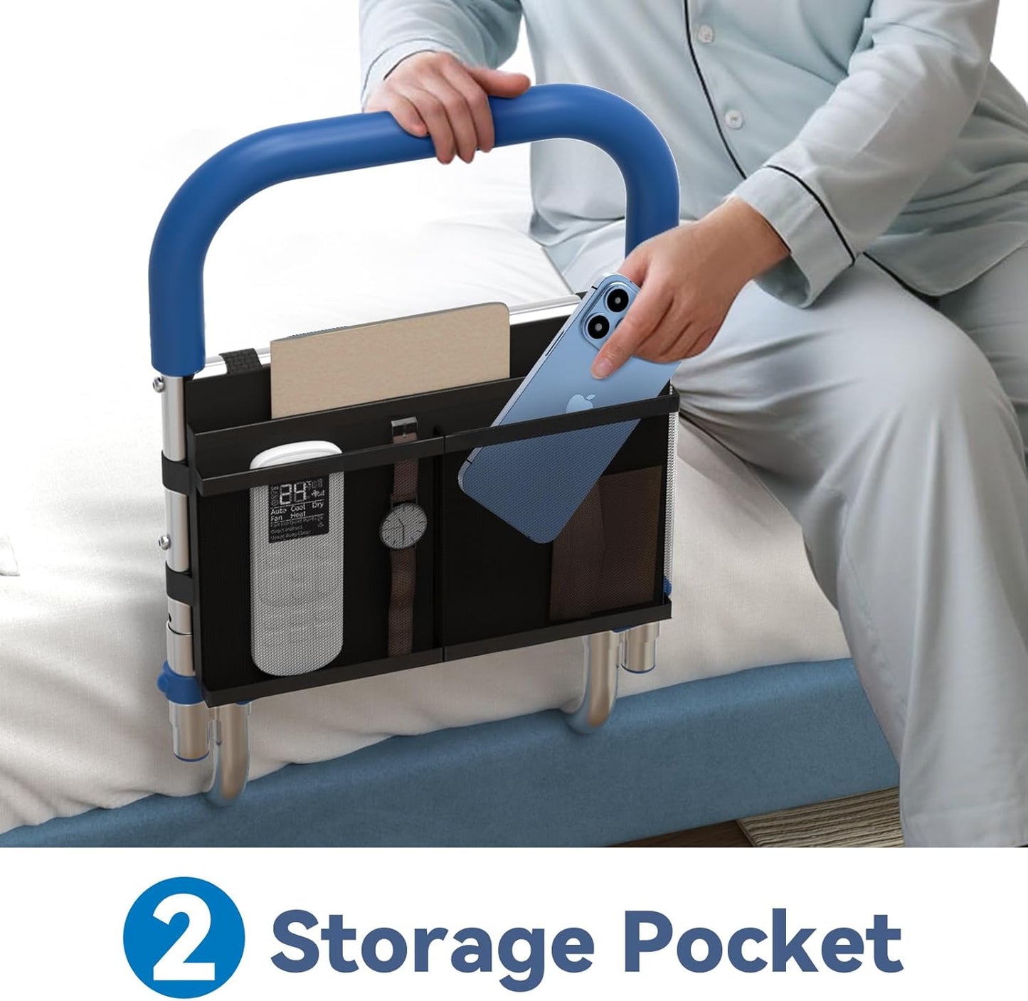 Bed Rails for Elderly Adults Safety, Height Adjustable Bed Assist Rail for Seniors with Storage Organizer and Non-Slip Handle, Bedside Fall Prevent Grab Bar