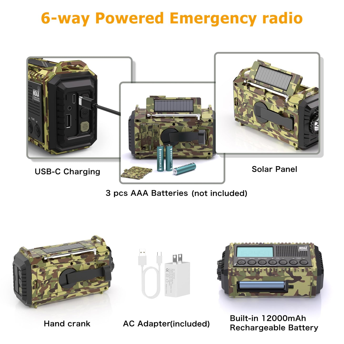 Auto NOAA Emergency Weather Radio, Solar Hand Crank Radio,Portable Battery Operated Emergency Radio with AM FM Shortwave,USB Charger,LED Flashlight,Clock, SOS Alert for Home Outdoors Camping Survival