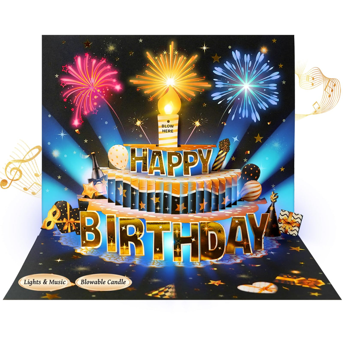 MZD8391 Pop Up Birthday Card with Music, Light, Firework For Men Women