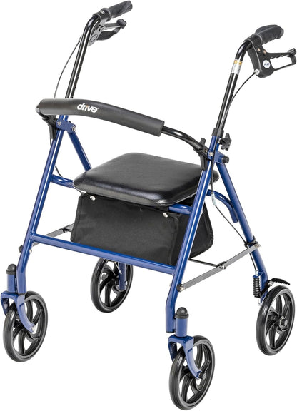 Drive Medical 10257BL-1 4 Wheel Rollator Walker With Seat, Steel Rolling Walker, Height Adjustable, 7.5" Wheels, Removable Back Support, 300 Pound Weight Capacity, Blue