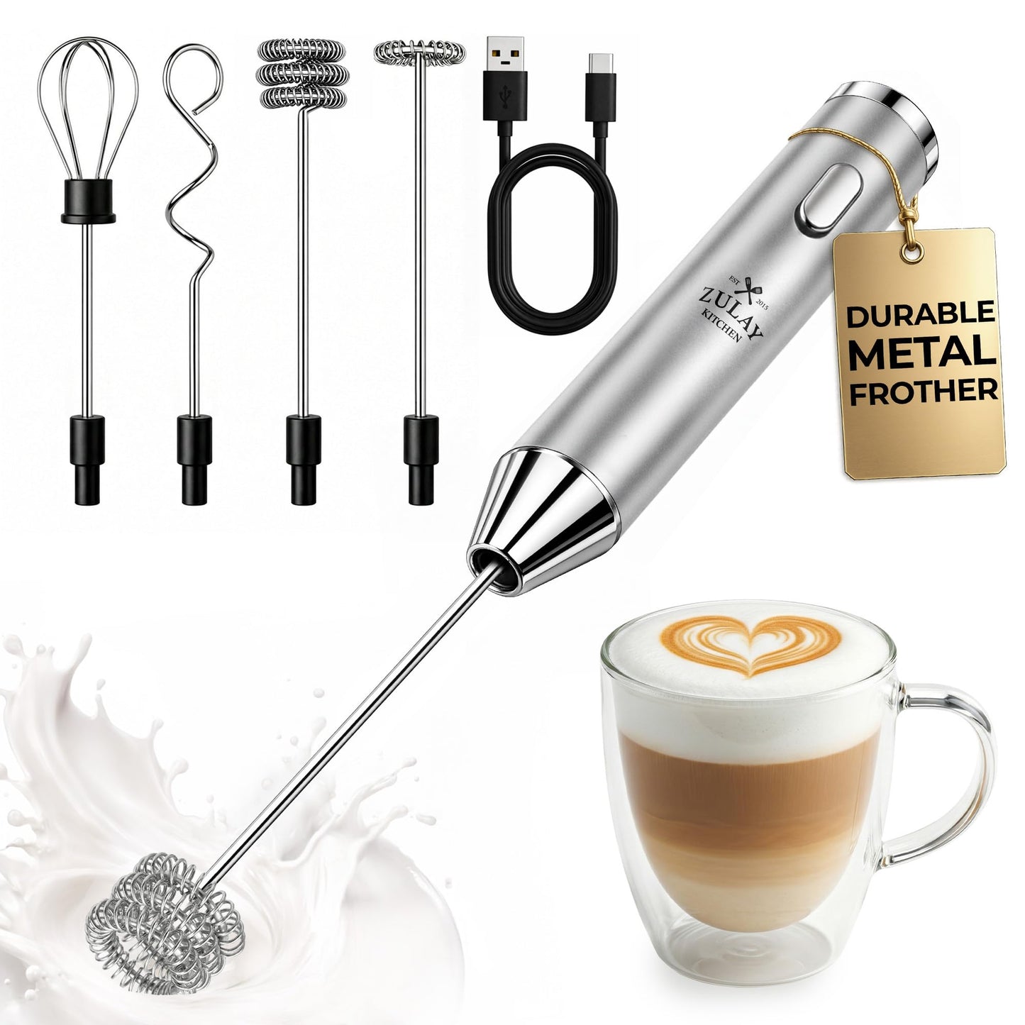 Zulay Kitchen Powerful Milk Frother Wand With 2 Duracell Batteries - Ultra Fast Handheld Drink Mixer - Electric Whisk Foam Maker for Coffee, Lattes, Cappuccino, Matcha, Hot Chocolate & Creamer - Black