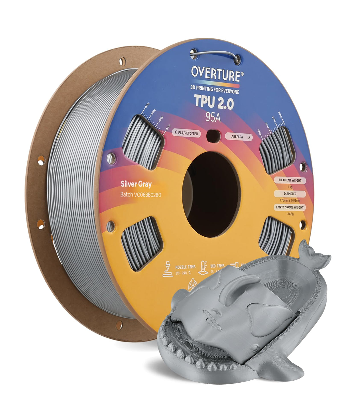 OVERTURE TPU 95A Flexible 3D Printer Filament 1.75mm, 1kg Black