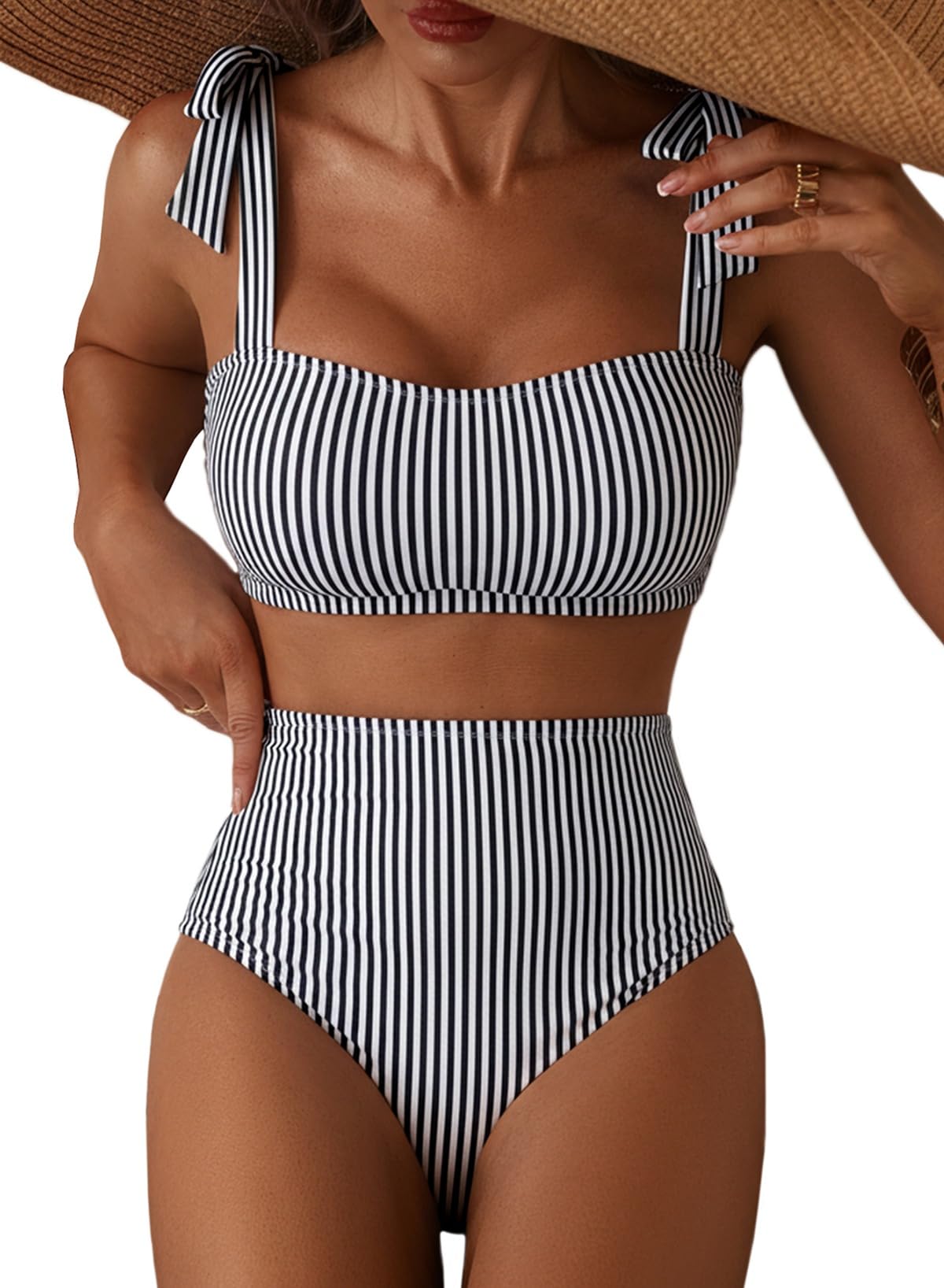 Herseas Women's Tie Shoulder Bikini Sets 2 Piece High Waisted Swimsuits