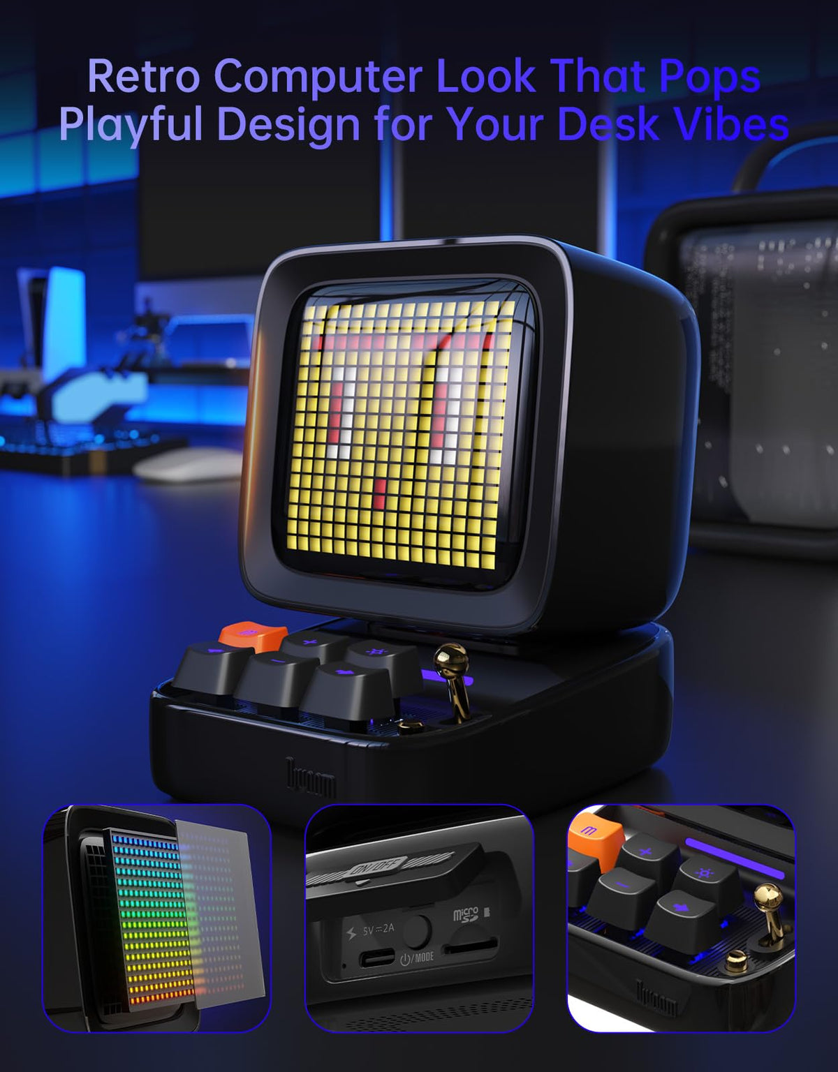 Divoom Ditoo Retro Pixel Art 15W Bluetooth Speaker,Cute Speaker with Alarm,White Noise & Mini Games,Iconic Desk Setup Speaker with 16X16 LED App Controlled Front Screen,Gifts for Anyone (Pink)