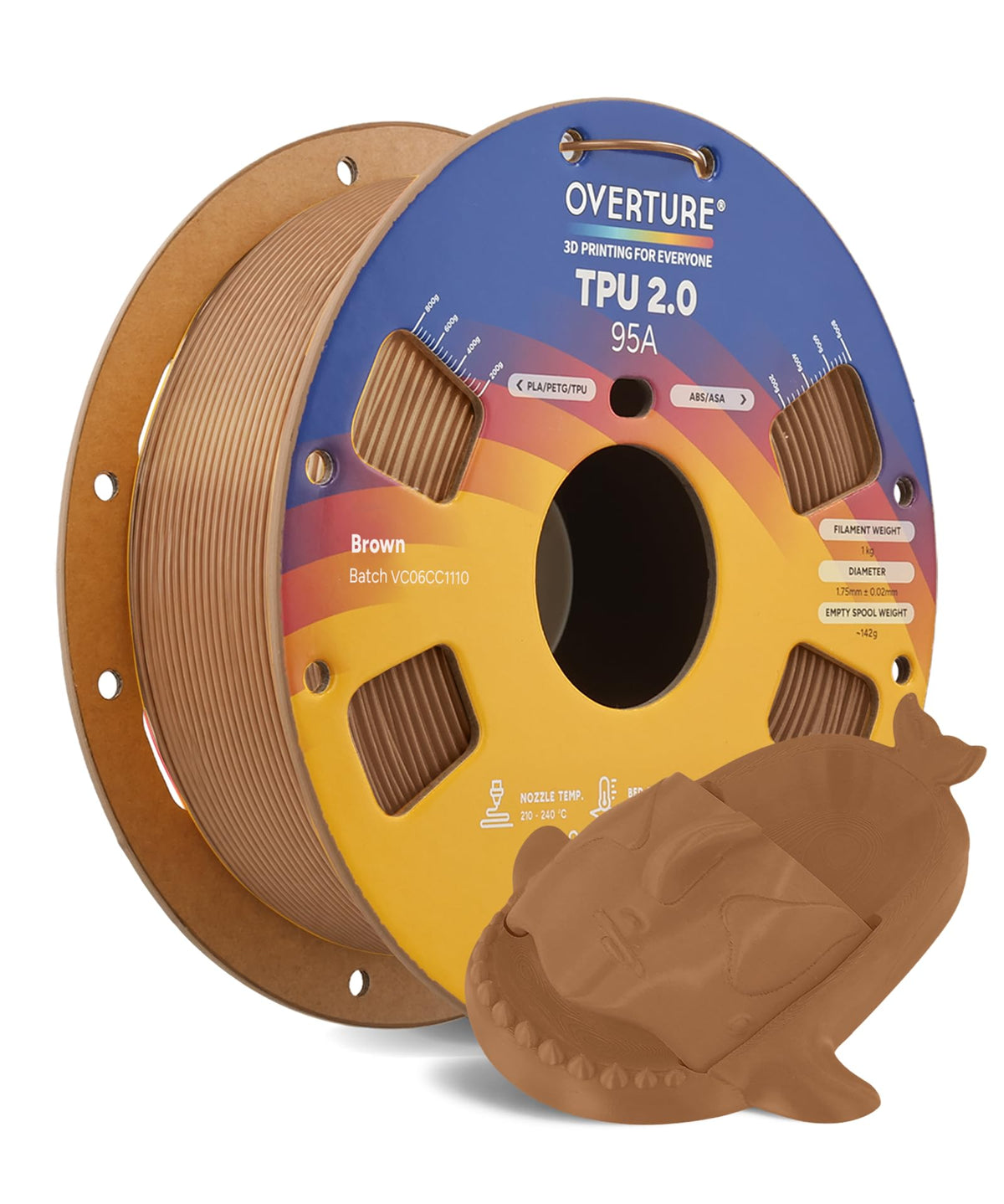 OVERTURE TPU 95A Flexible 3D Printer Filament 1.75mm, 1kg Black