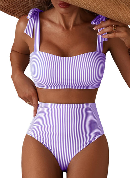 Herseas Women's Tie Shoulder Bikini Sets 2 Piece High Waisted Swimsuits