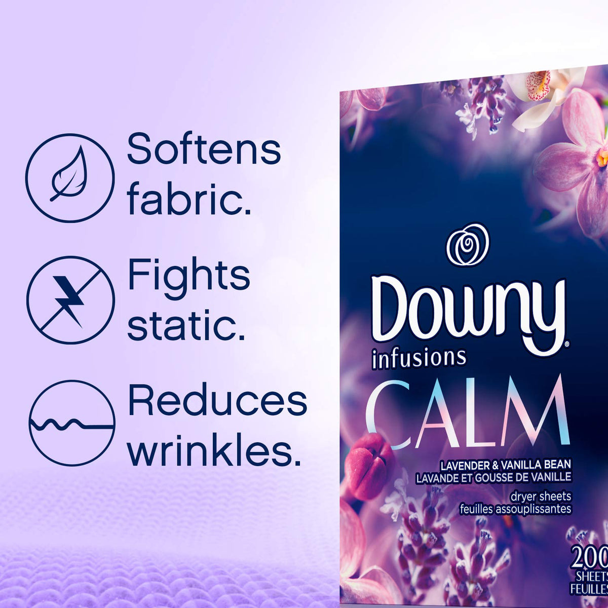 Downy CALM, Mega Dryer Sheets, Laundry Fabric Softener, Lavender and Vanilla Bean, 130 Count